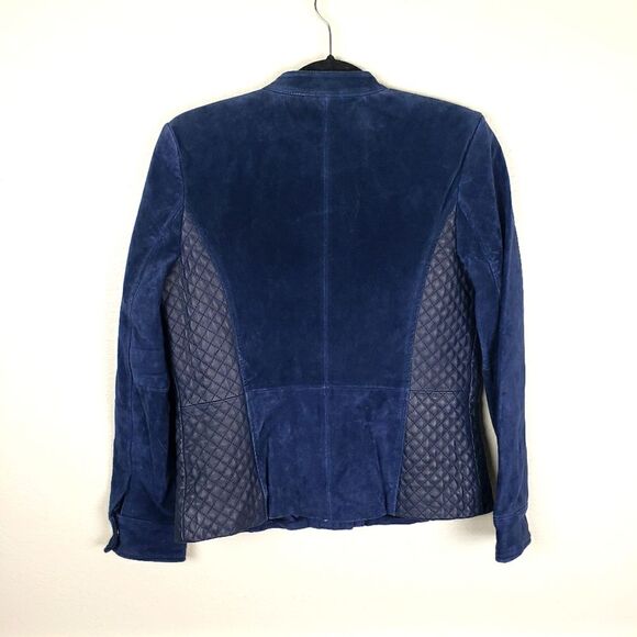 Isaac Mizrahi Live Women's Navy Blue Suede Moto Leather Quilted Zip Up Jacket 4 - Picture 2 of 14